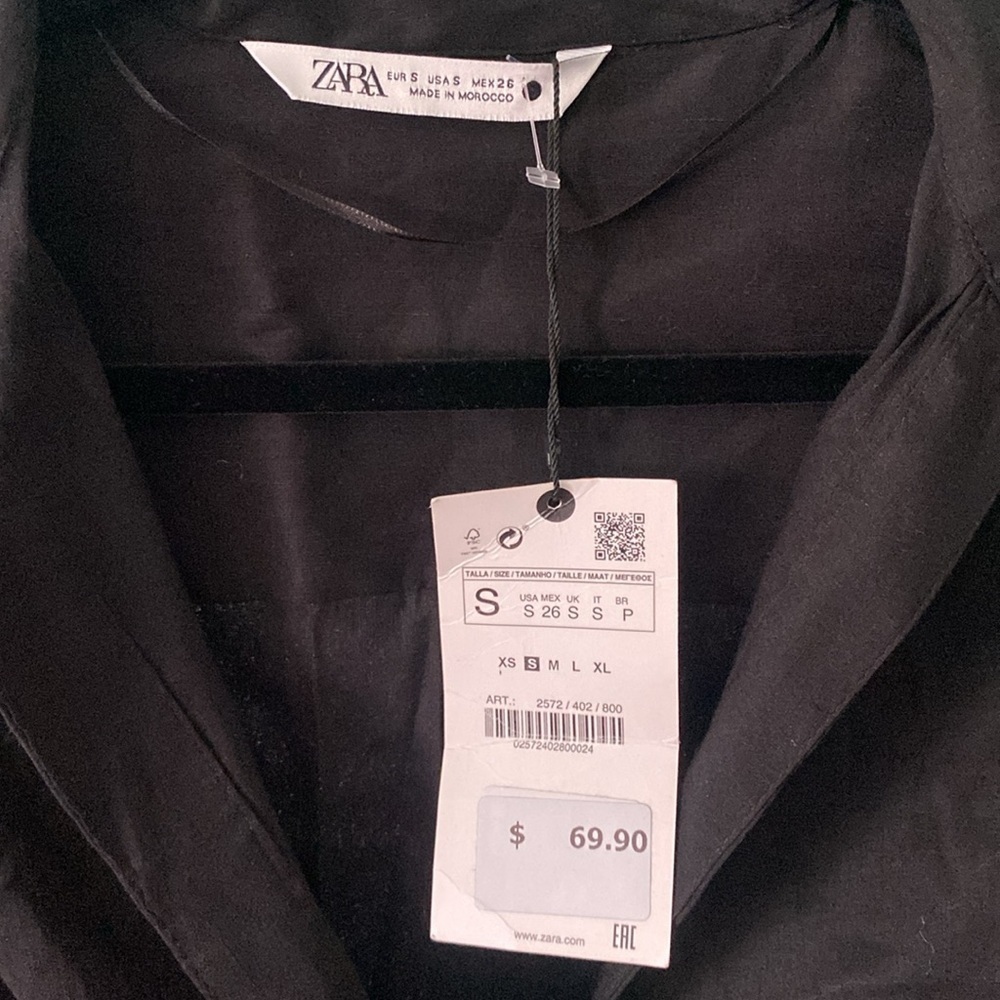 ZARA Womens Sz-S Black Ruched Drape Linen Blend Long Sleeve Collared Dress(C-24) - Picture 8 of 8